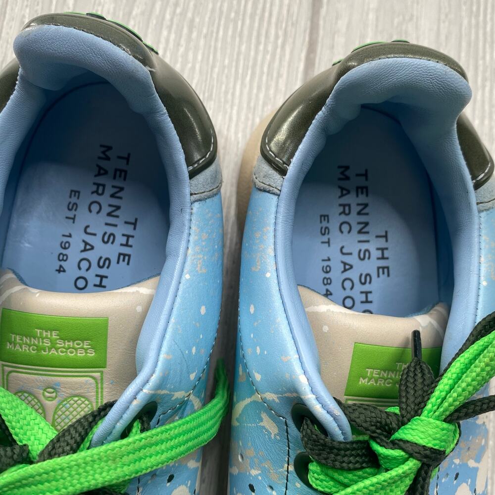 Marc Jacobs The Tennis Shoe Blue & Grey Splatter Lace Up Sneakers Size 8 38 - Picture 6 of 9
